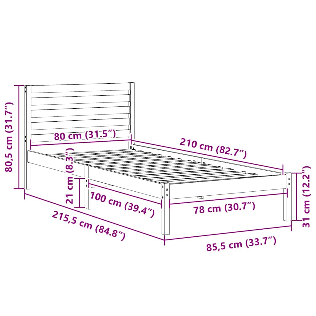 vidaXL Ramka łóżka Brązowy 80 x 210 cm Lite drewno sosnowe