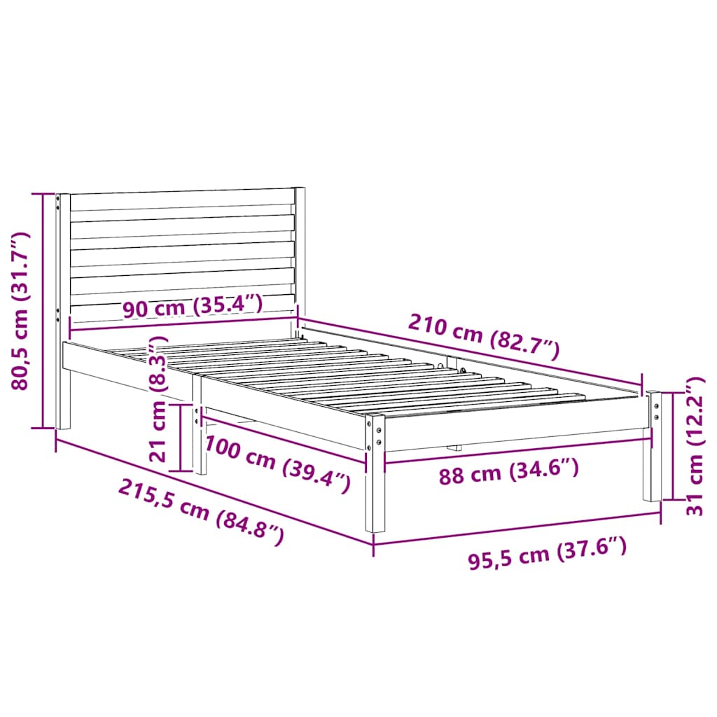vidaXL Ramka łóżka Woskowy Brąz 90 x 210 cm Lite drewno sosnowe