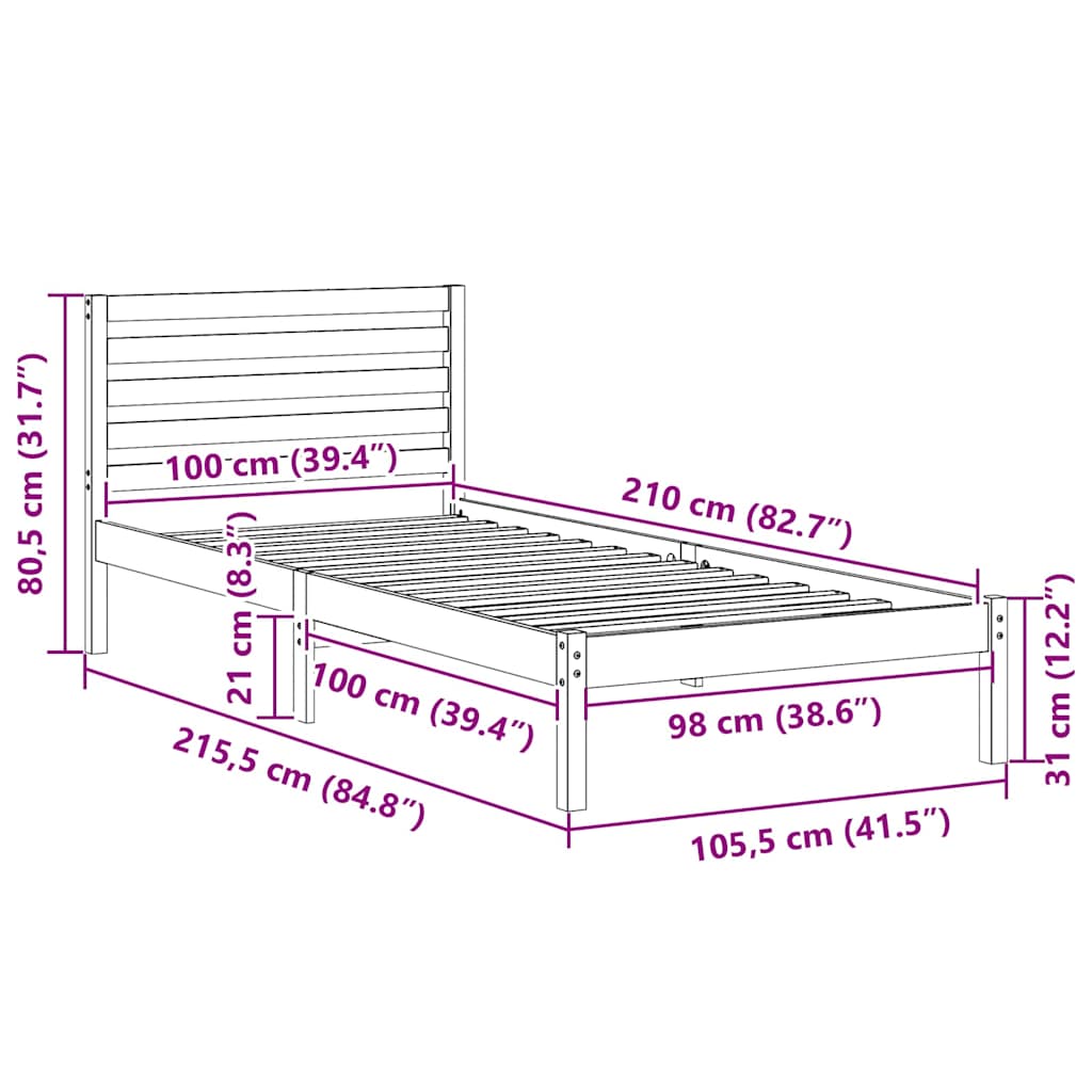 vidaXL Ramka łóżka Z zagłówkiem Biały 100 x 210 cm Lite drewno sosnowe