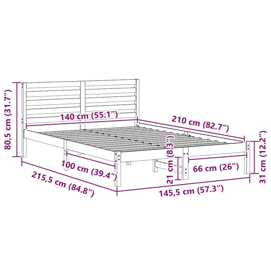 vidaXL Ramka łóżka Z zagłówkiem Biały 140 x 210 cm Lite drewno sosnowe