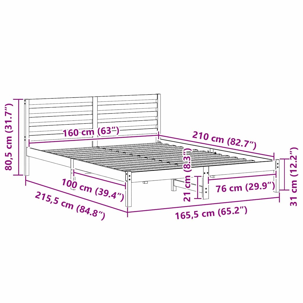vidaXL Ramka łóżka Z zagłówkiem Biały 160 x 210 cm Lite drewno sosnowe