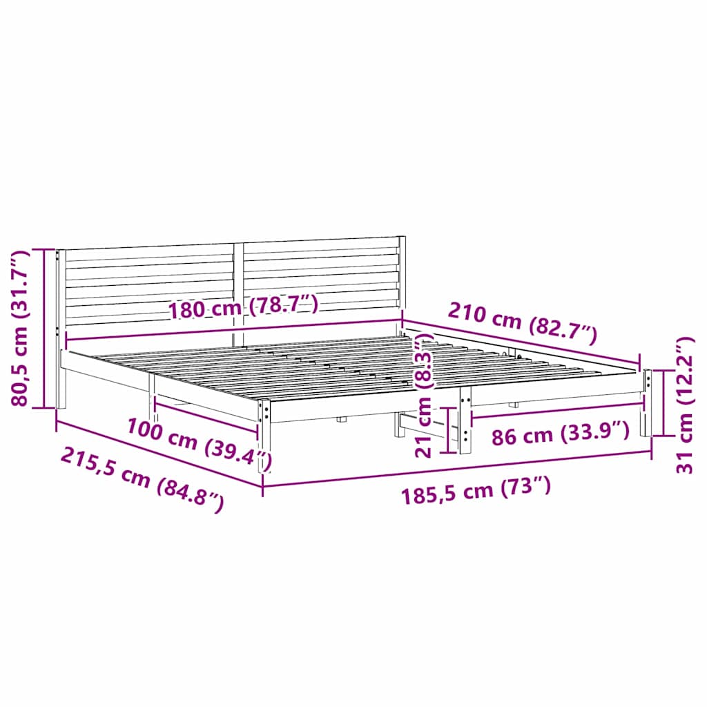 vidaXL Ramka łóżka Z zagłówkiem Biały 180 x 210 cm Lite drewno sosnowe