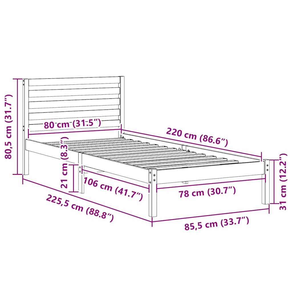 vidaXL Ramka łóżka Brązowy 80 x 220 cm Lite drewno sosnowe