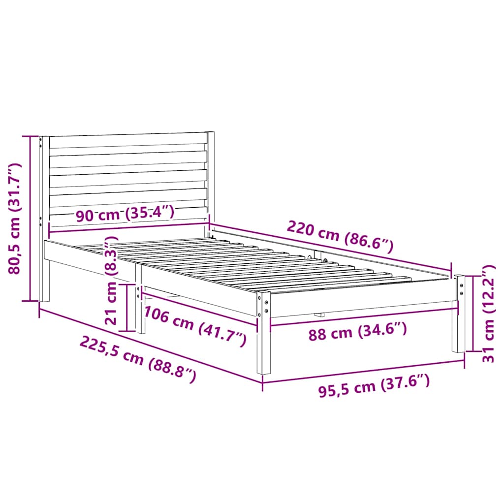 vidaXL Ramka łóżka Brązowy 90 x 220 cm Lite drewno sosnowe