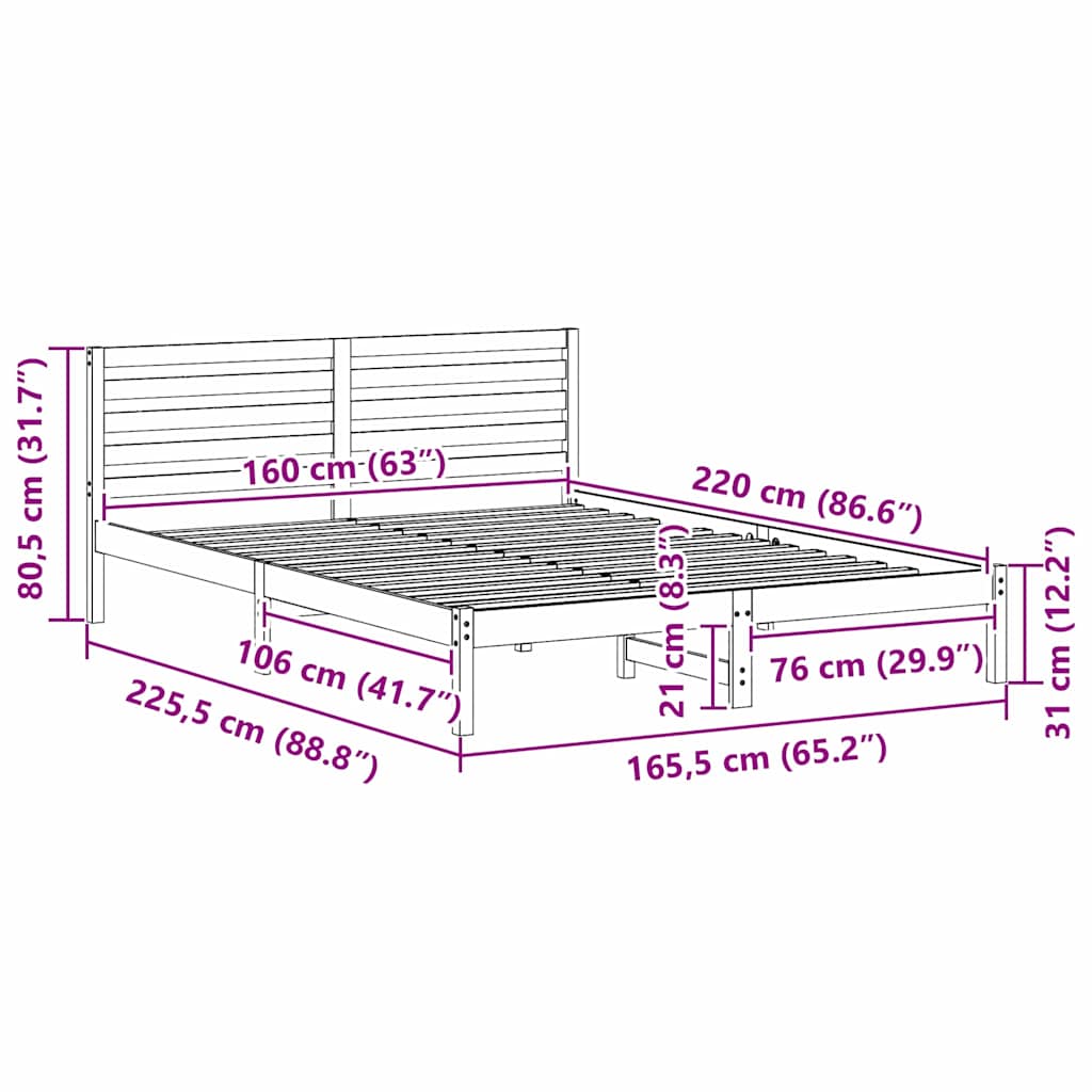 vidaXL Ramka łóżka Woskowy Brąz 160 x 220 cm Lite drewno sosnowe