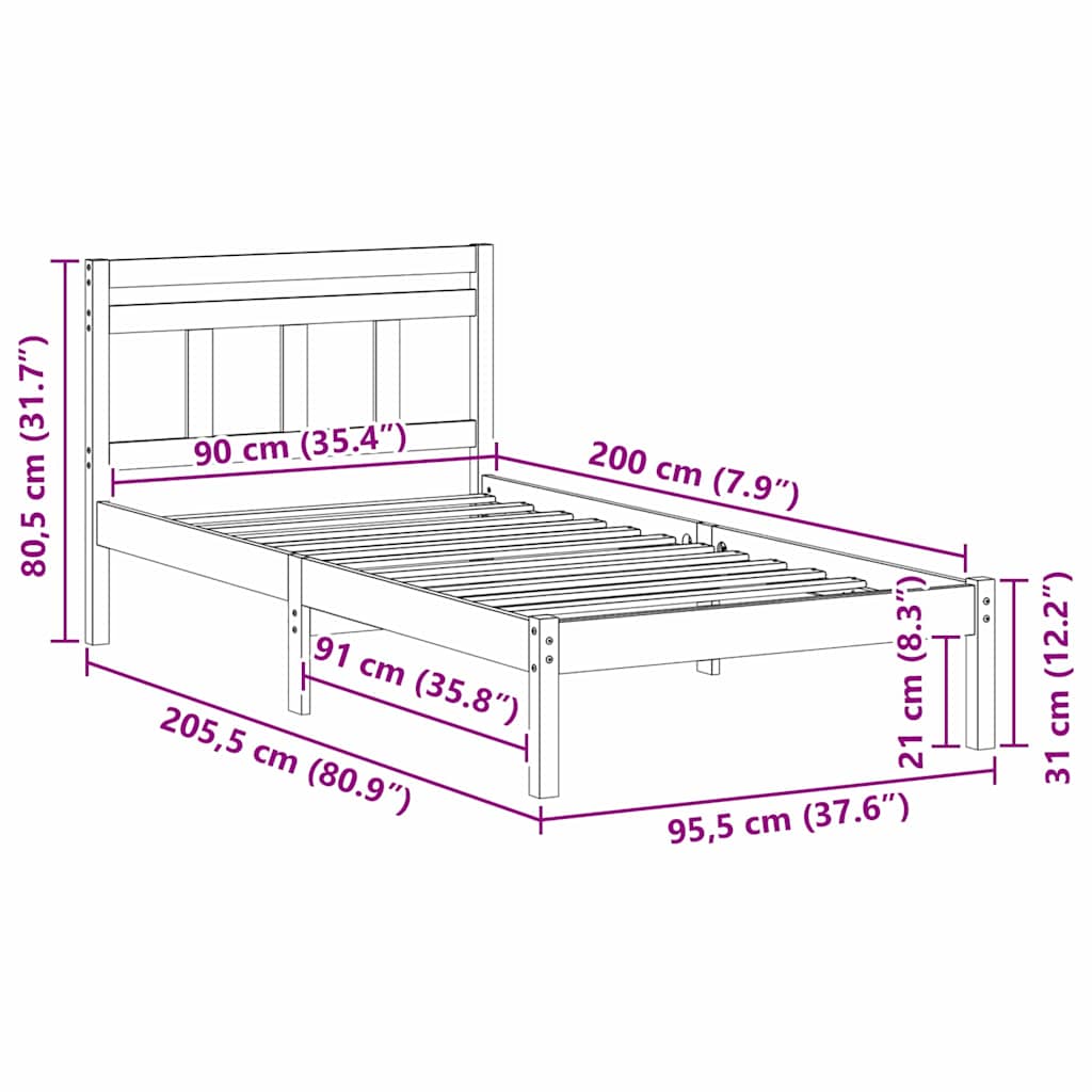 vidaXL Ramka łóżka Brązowy 90 x 200 cm Lite drewno sosnowe