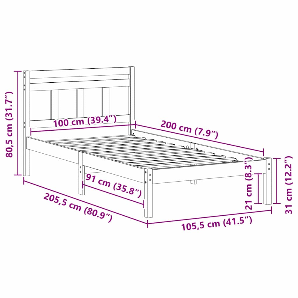 vidaXL Ramka łóżka Biały 100 x 200 cm Lite drewno sosnowe