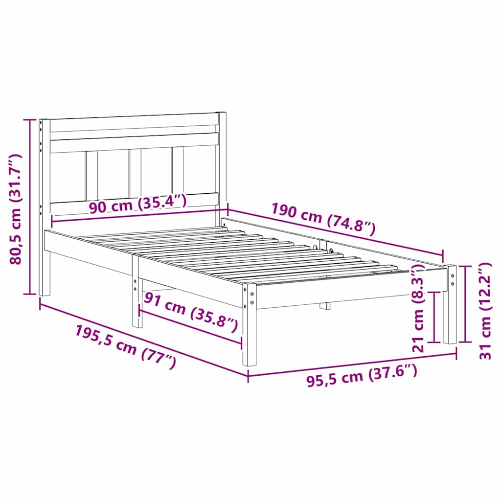 vidaXL Ramka łóżka Brązowy 90 x 190 cm Lite drewno sosnowe