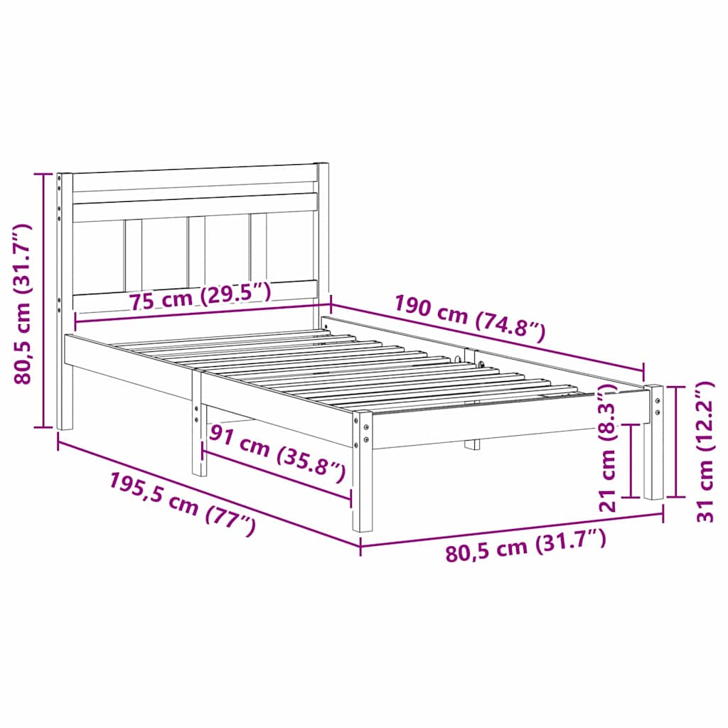 vidaXL Ramka łóżka Brązowy 75 x 190 cm Lite drewno sosnowe
