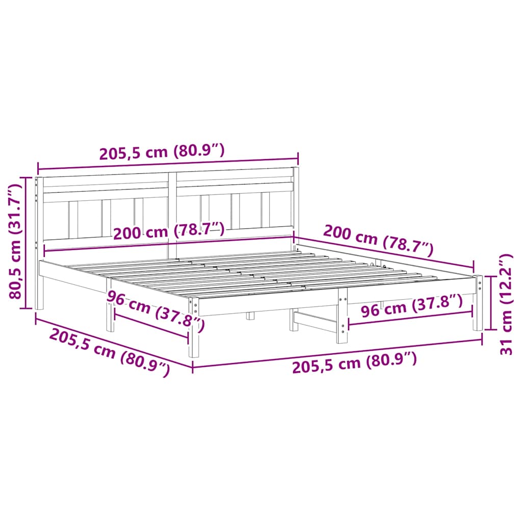 vidaXL Ramka łóżka Brązowy 200 x 200 cm Lite drewno sosnowe