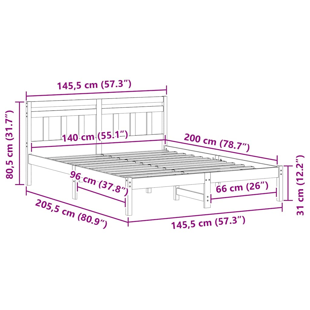 vidaXL Ramka łóżka Brązowy 140 x 200 cm Lite drewno sosnowe