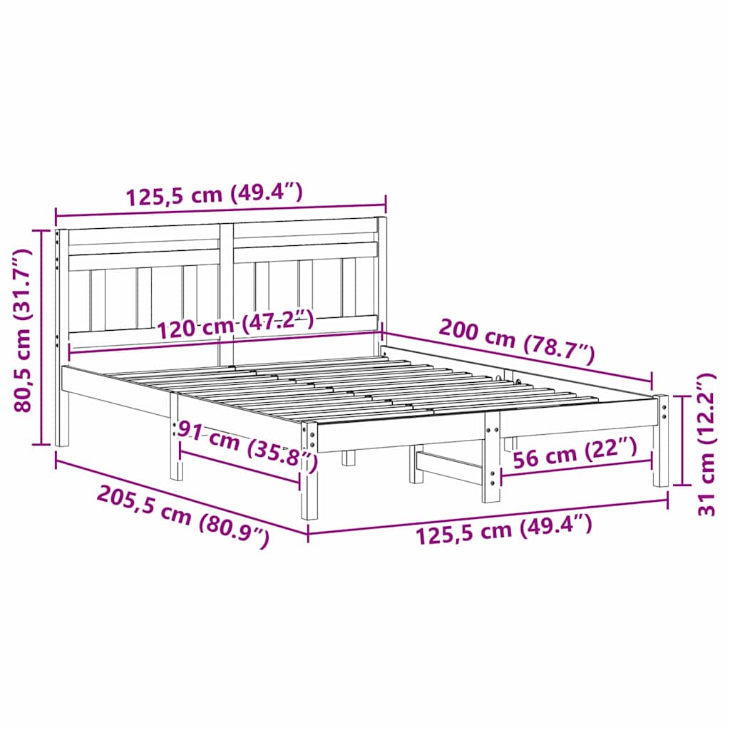 vidaXL Ramka łóżka Brązowy 120 x 200 cm Lite drewno sosnowe