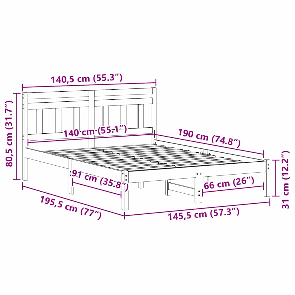 vidaXL Ramka łóżka Biały 140 x 190 cm Lite drewno sosnowe