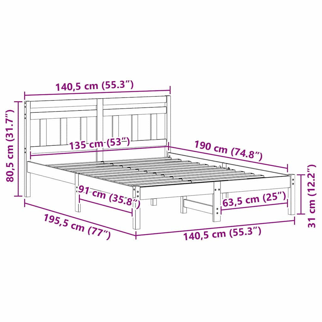 vidaXL Ramka łóżka Brązowy 135 x 190 cm Lite drewno sosnowe