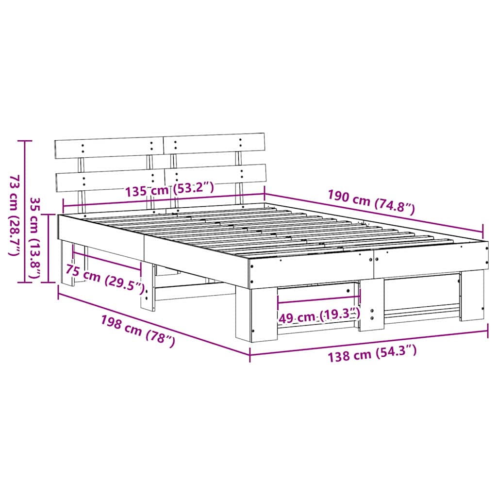 vidaXL Ramka łóżka Z zagłówkiem Biały 135 x 190 cm Lite drewno sosnowe