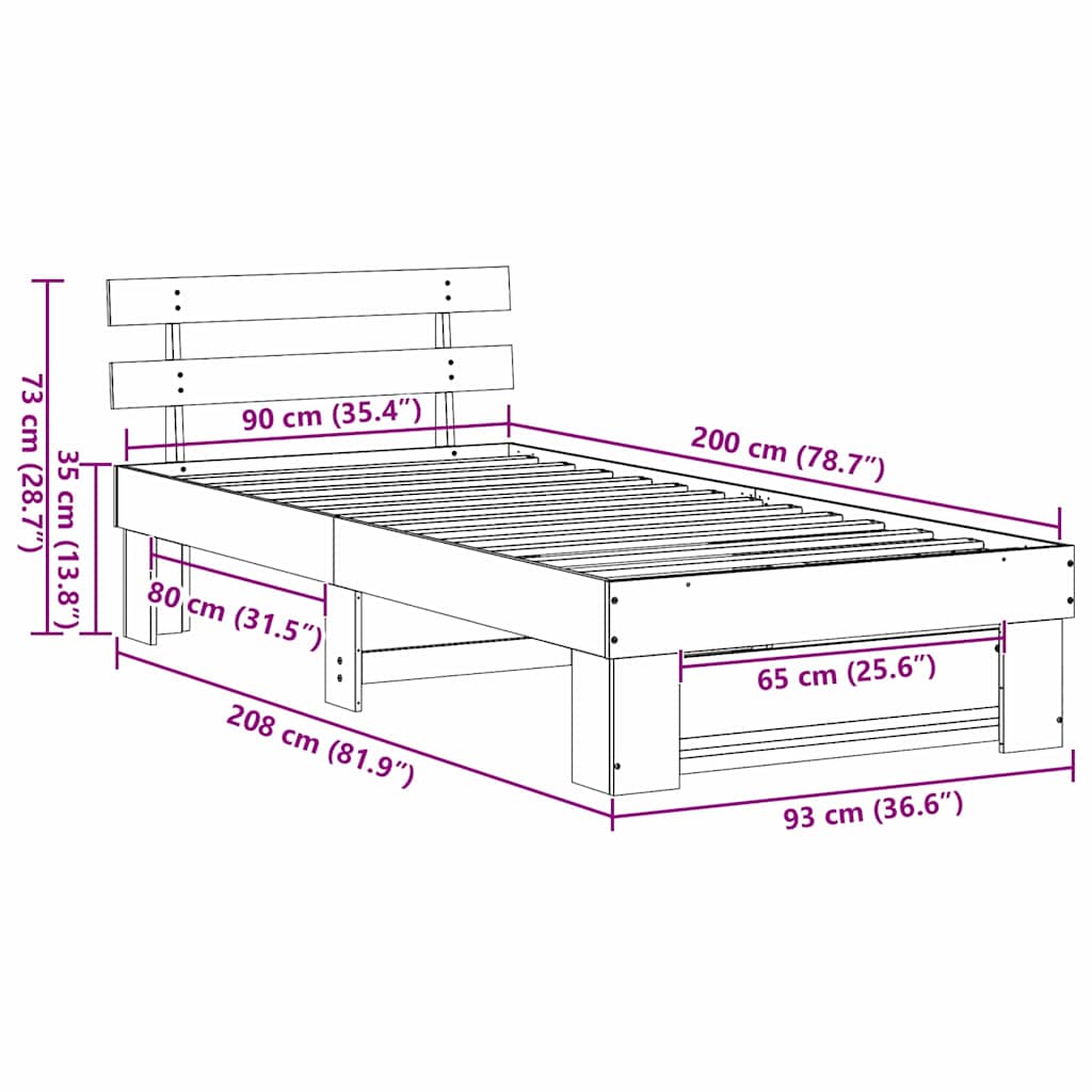 vidaXL Ramka łóżka Brązowy 90 x 200 cm Lite drewno sosnowe
