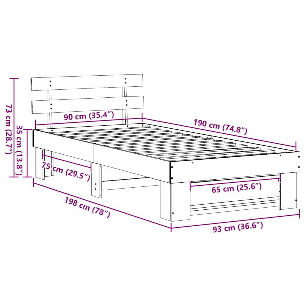vidaXL Ramka łóżka Brązowy 90 x 190 cm Lite drewno sosnowe