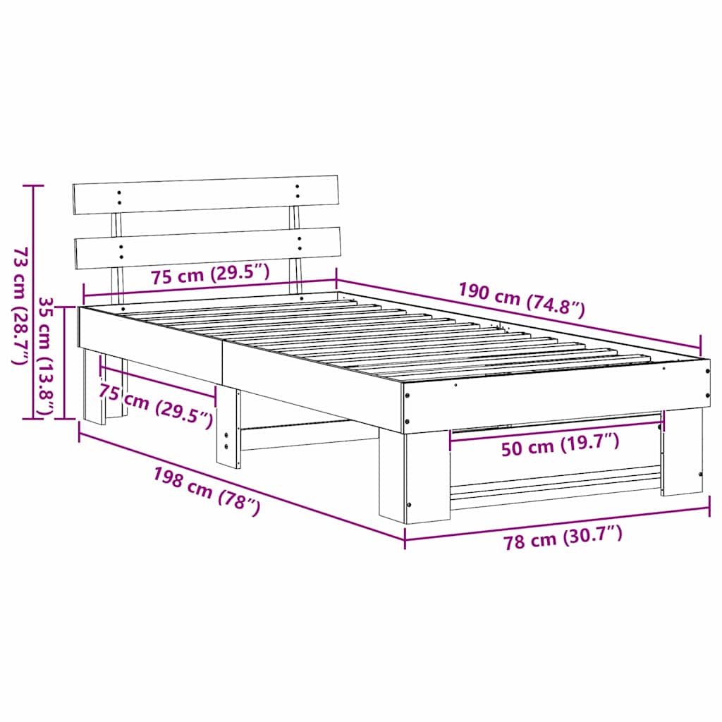 vidaXL Ramka łóżka Z zagłówkiem Biały 75 x 190 cm Lite drewno sosnowe