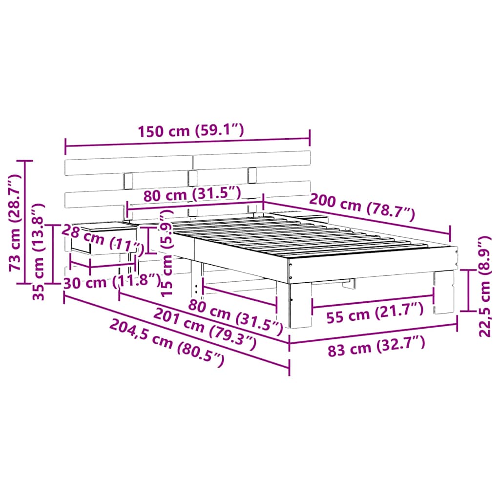 vidaXL Ramka łóżka Brązowy 80 x 200 cm Lite drewno sosnowe