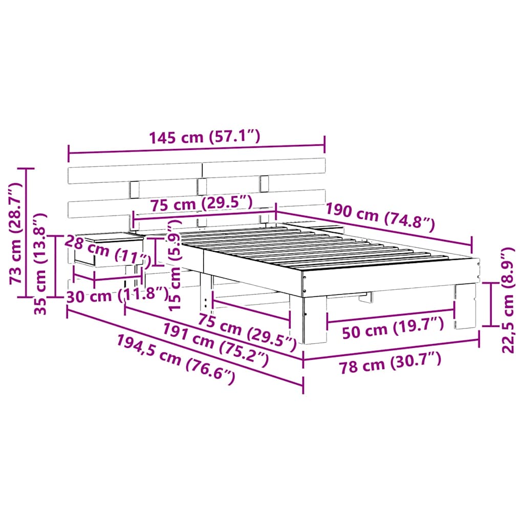 vidaXL Ramka łóżka Woskowy Brąz 75 x 190 cm Lite drewno sosnowe