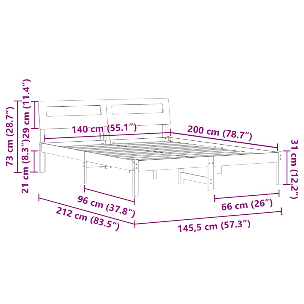 vidaXL Ramka łóżka Z zagłówkiem Biały 140 x 200 cm Lite drewno sosnowe