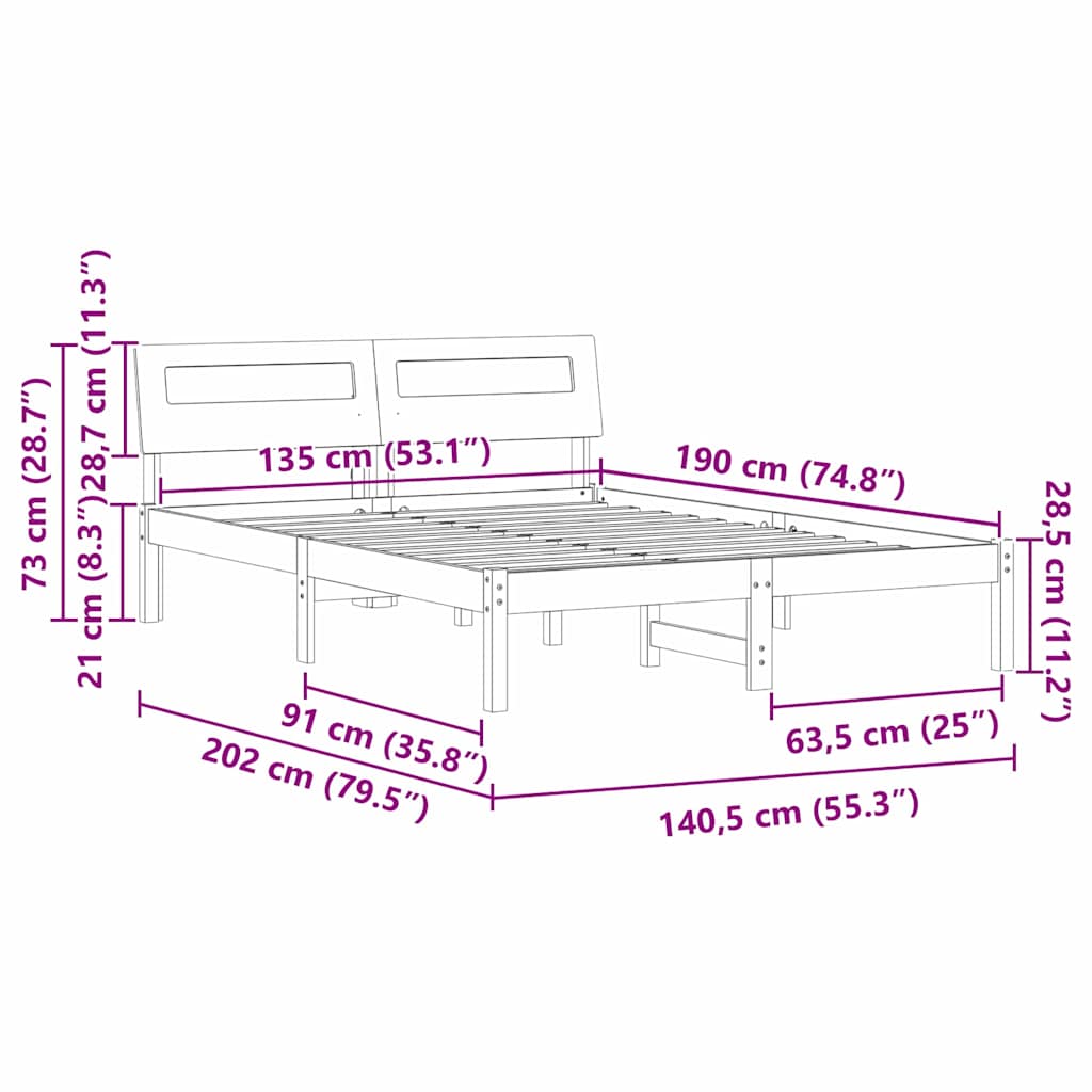 vidaXL Ramka łóżka Brązowy 135 x 190 cm Lite drewno sosnowe