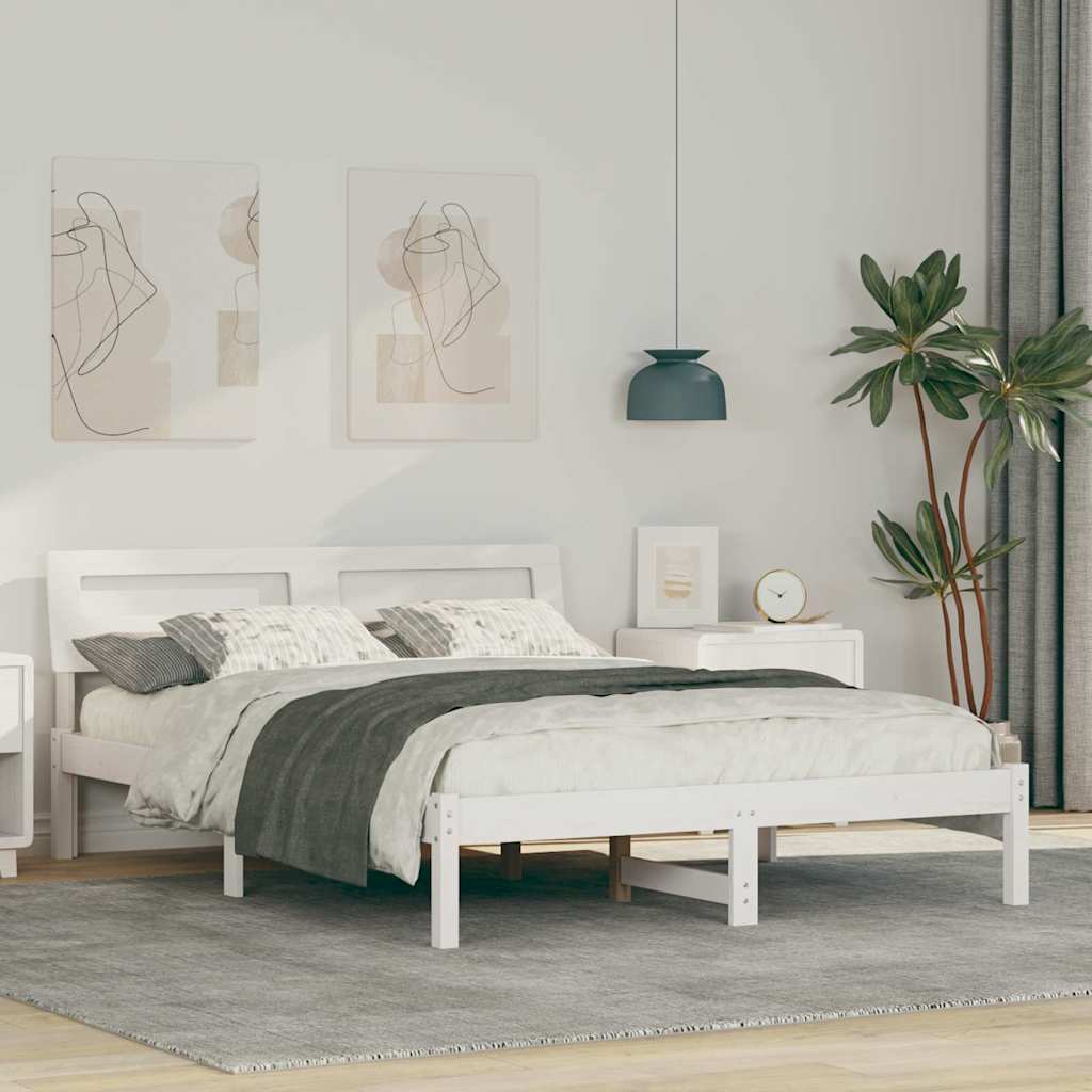 vidaXL Ramka łóżka Z zagłówkiem Biały 135 x 190 cm Lite drewno sosnowe