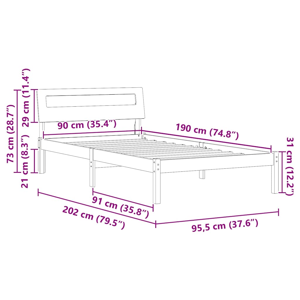 vidaXL Ramka łóżka Brązowy 90 x 190 cm Lite drewno sosnowe