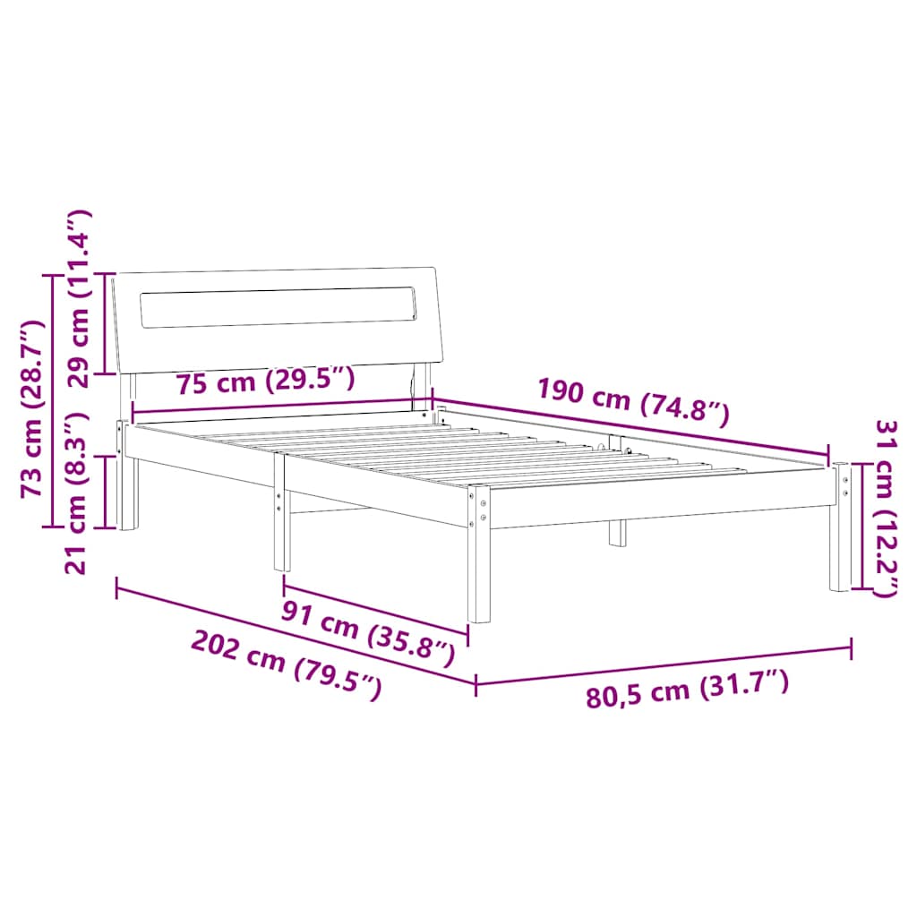 vidaXL Ramka łóżka Woskowy Brąz 75 x 190 cm Lite drewno sosnowe