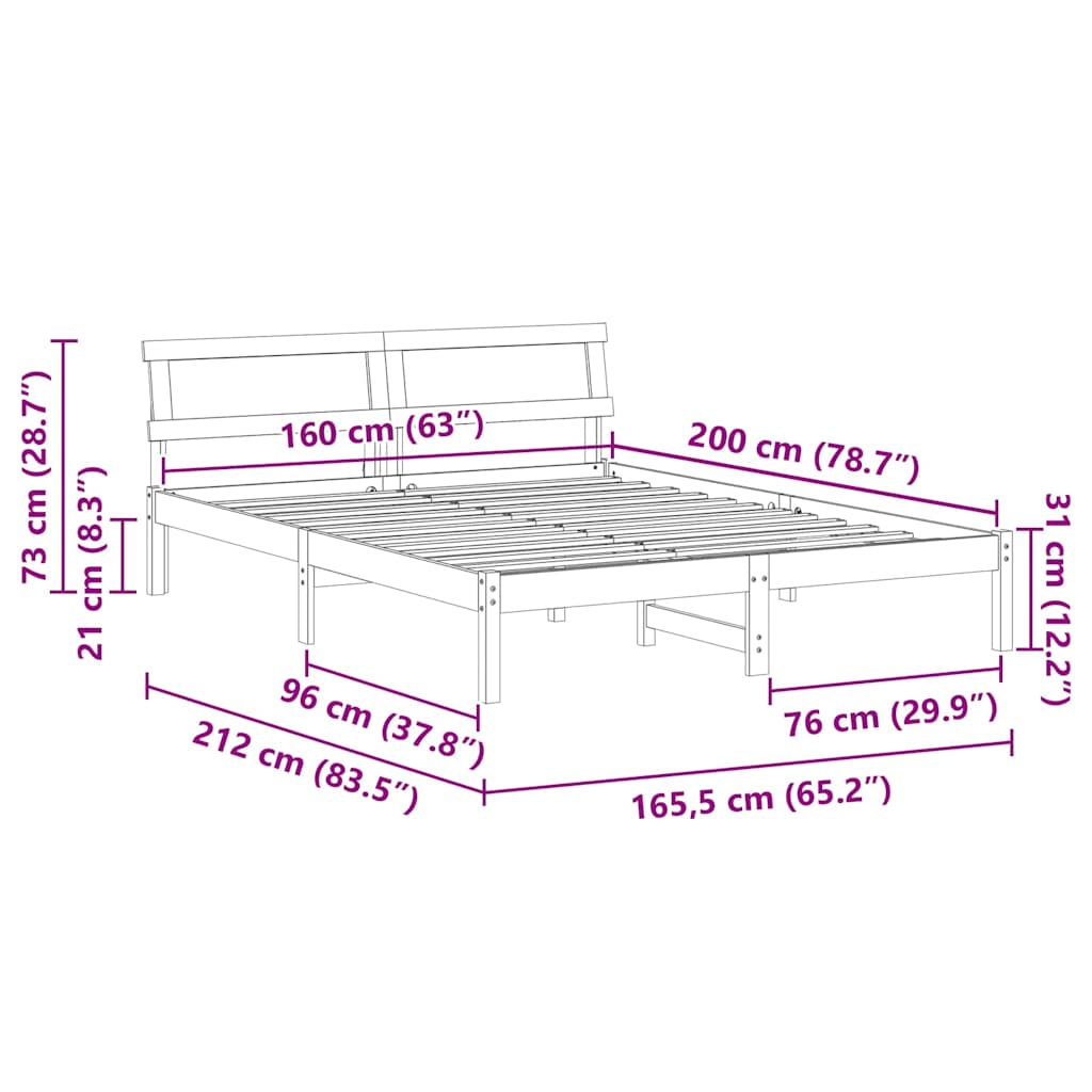 vidaXL Ramka łóżka Z zagłówkiem Biały 160 x 200 cm Lite drewno sosnowe