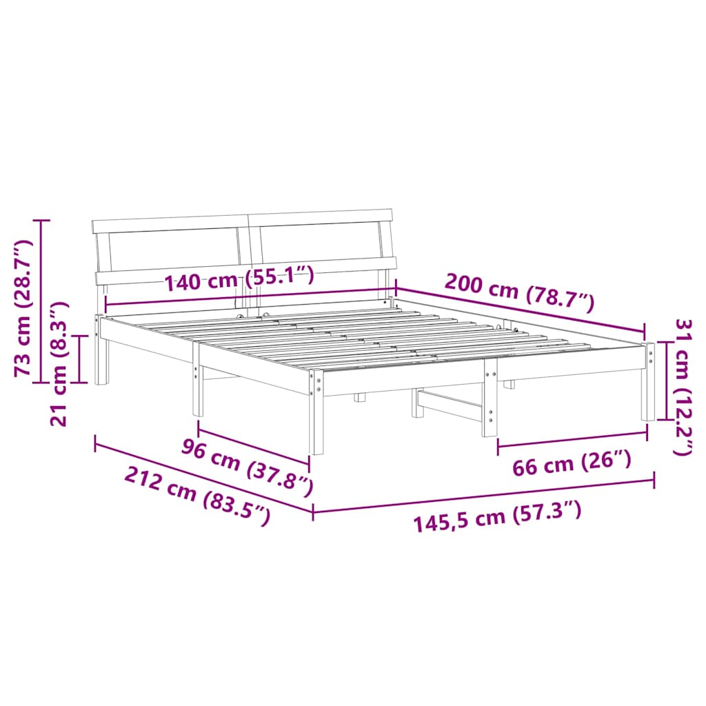 vidaXL Ramka łóżka Z zagłówkiem Biały 140 x 200 cm Lite drewno sosnowe