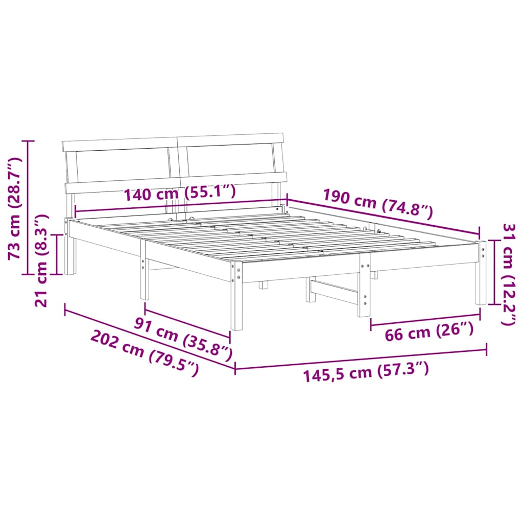 vidaXL Ramka łóżka Brązowy 140 x 190 cm Lite drewno sosnowe