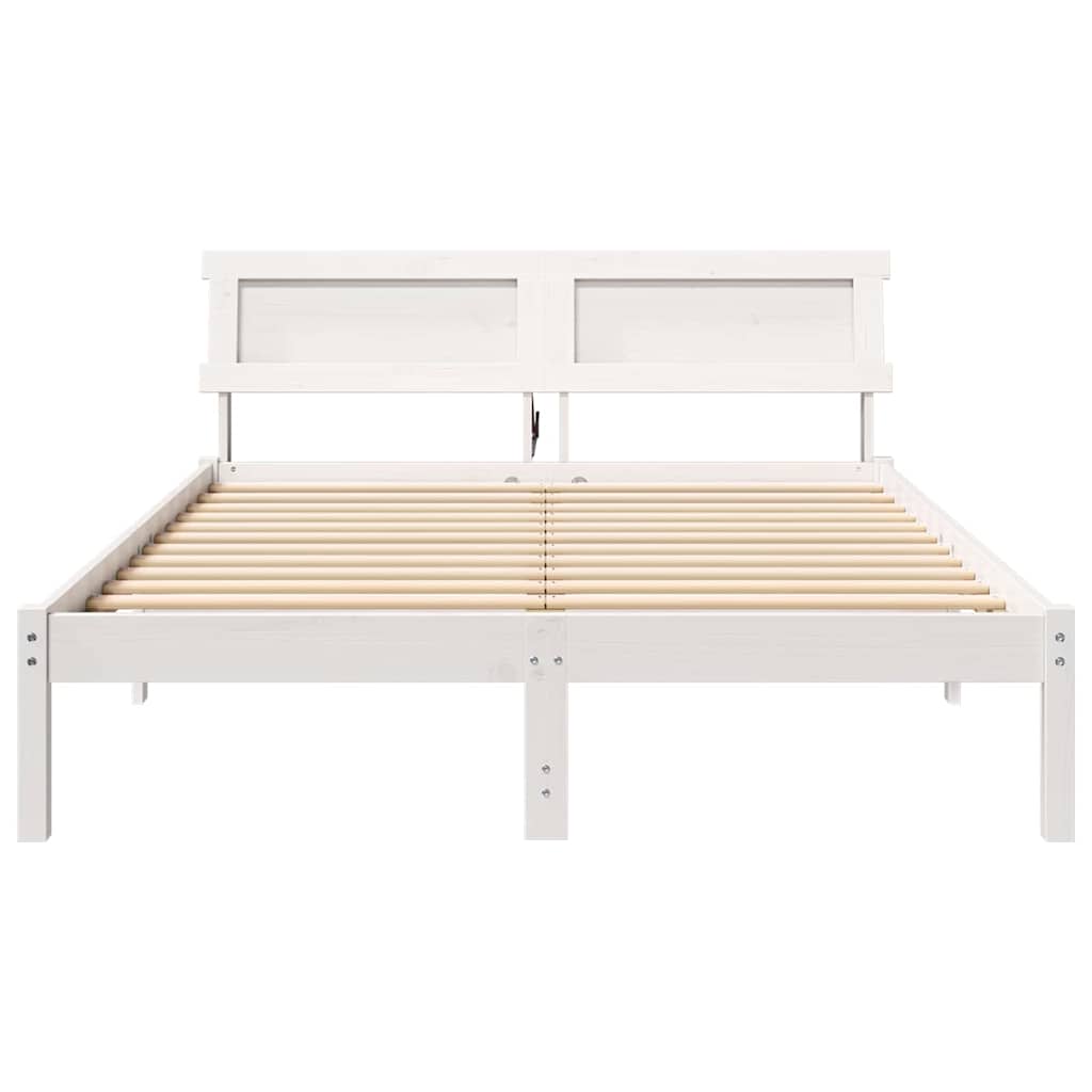 vidaXL Ramka łóżka Z zagłówkiem Biały 135 x 190 cm Lite drewno sosnowe