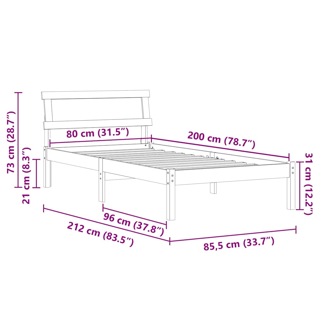 vidaXL Ramka łóżka Z zagłówkiem Biały 80 x 200 cm Lite drewno sosnowe