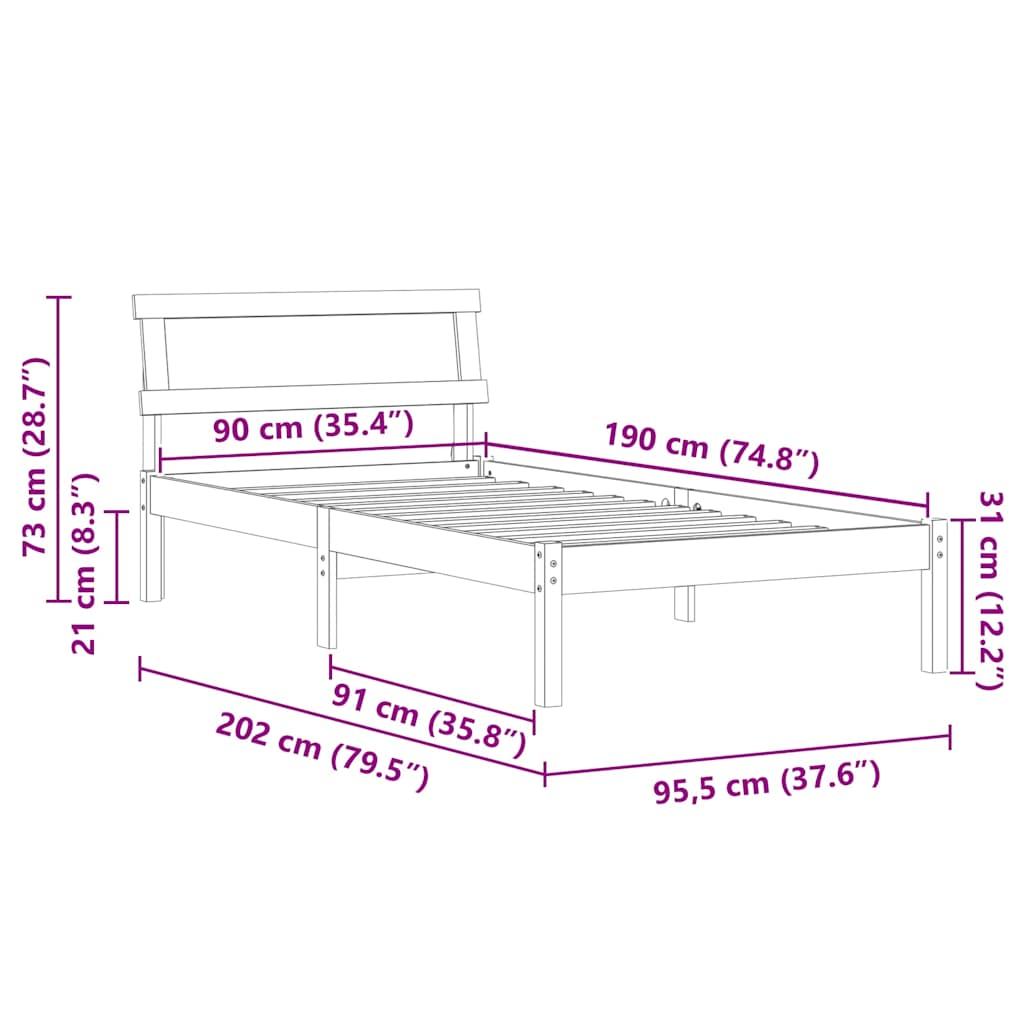 vidaXL Ramka łóżka Z zagłówkiem Biały 90 x 190 cm Lite drewno sosnowe