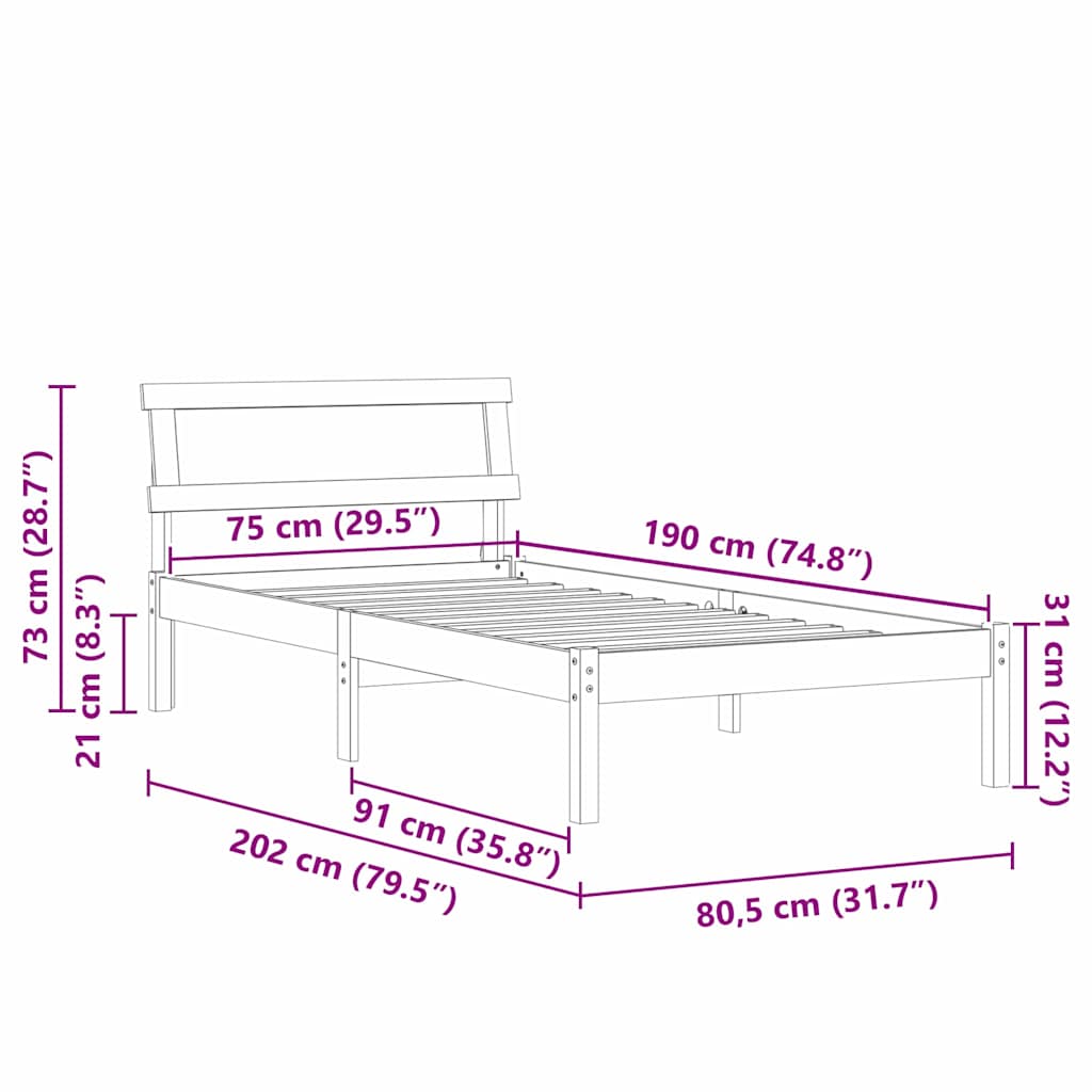 vidaXL Ramka łóżka Z zagłówkiem Biały 75 x 190 cm Lite drewno sosnowe