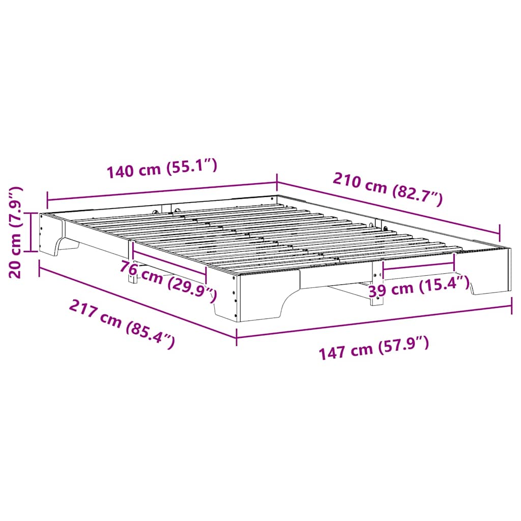 vidaXL Ramka łóżka Brązowy 140 x 210 cm Lite drewno sosnowe