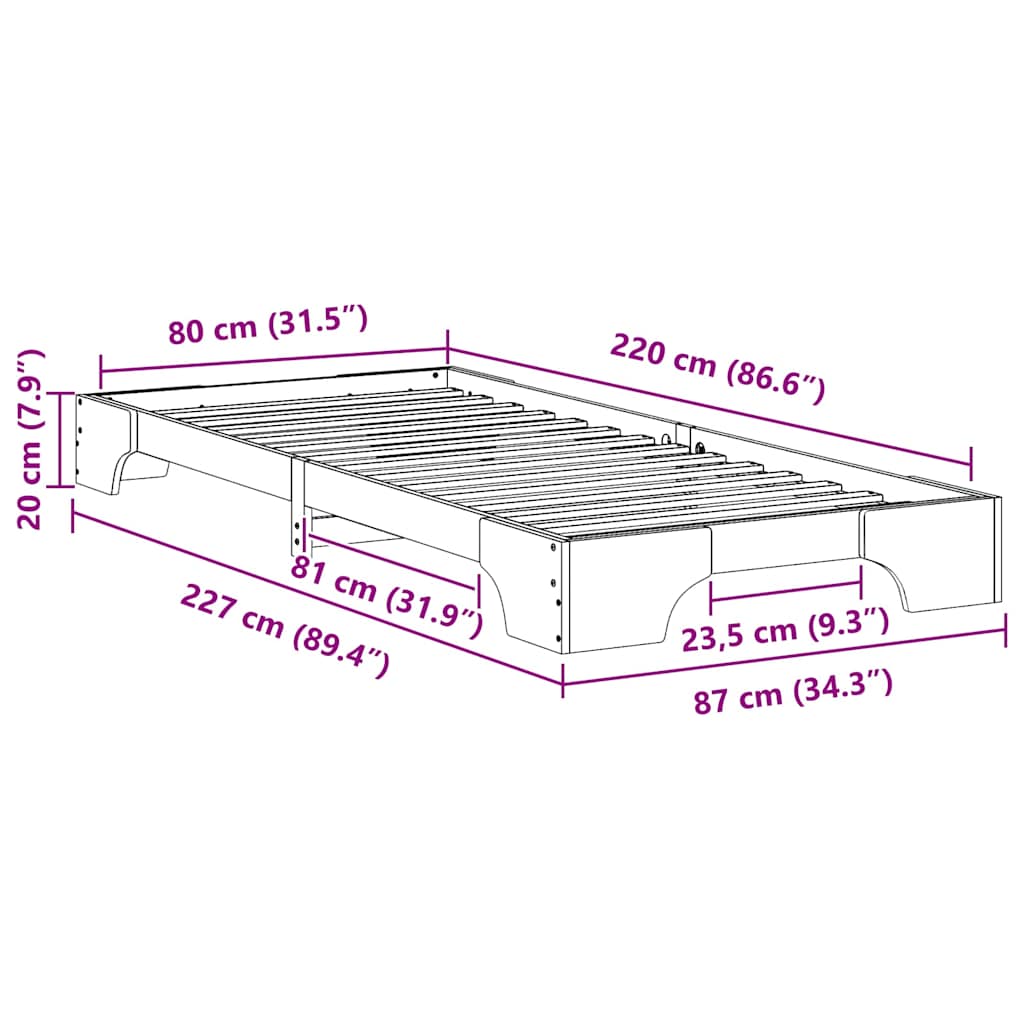 vidaXL Ramka łóżka Brązowy 80 x 220 cm Lite drewno sosnowe