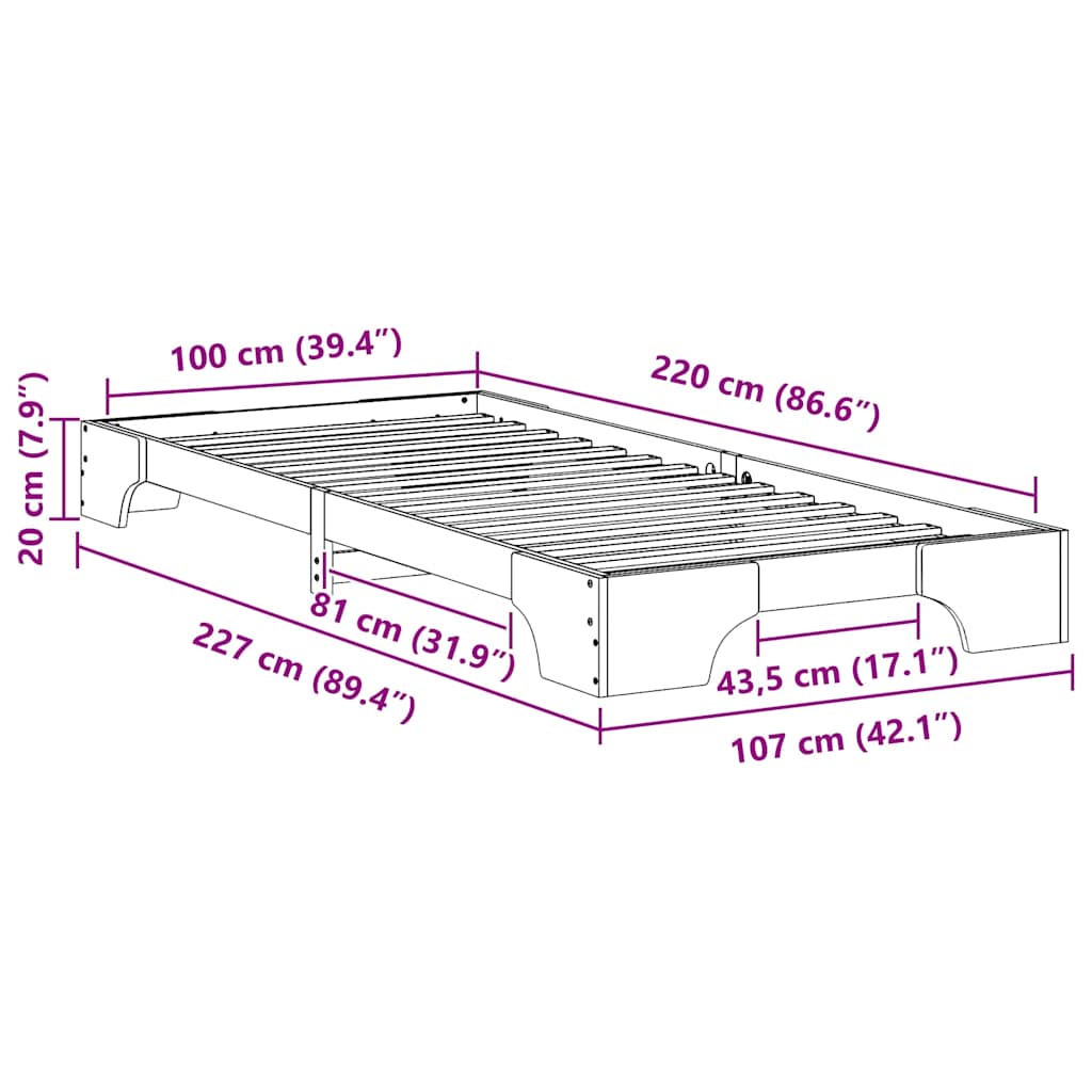 vidaXL Ramka łóżka Brązowy 100 x 220 cm Lite drewno sosnowe