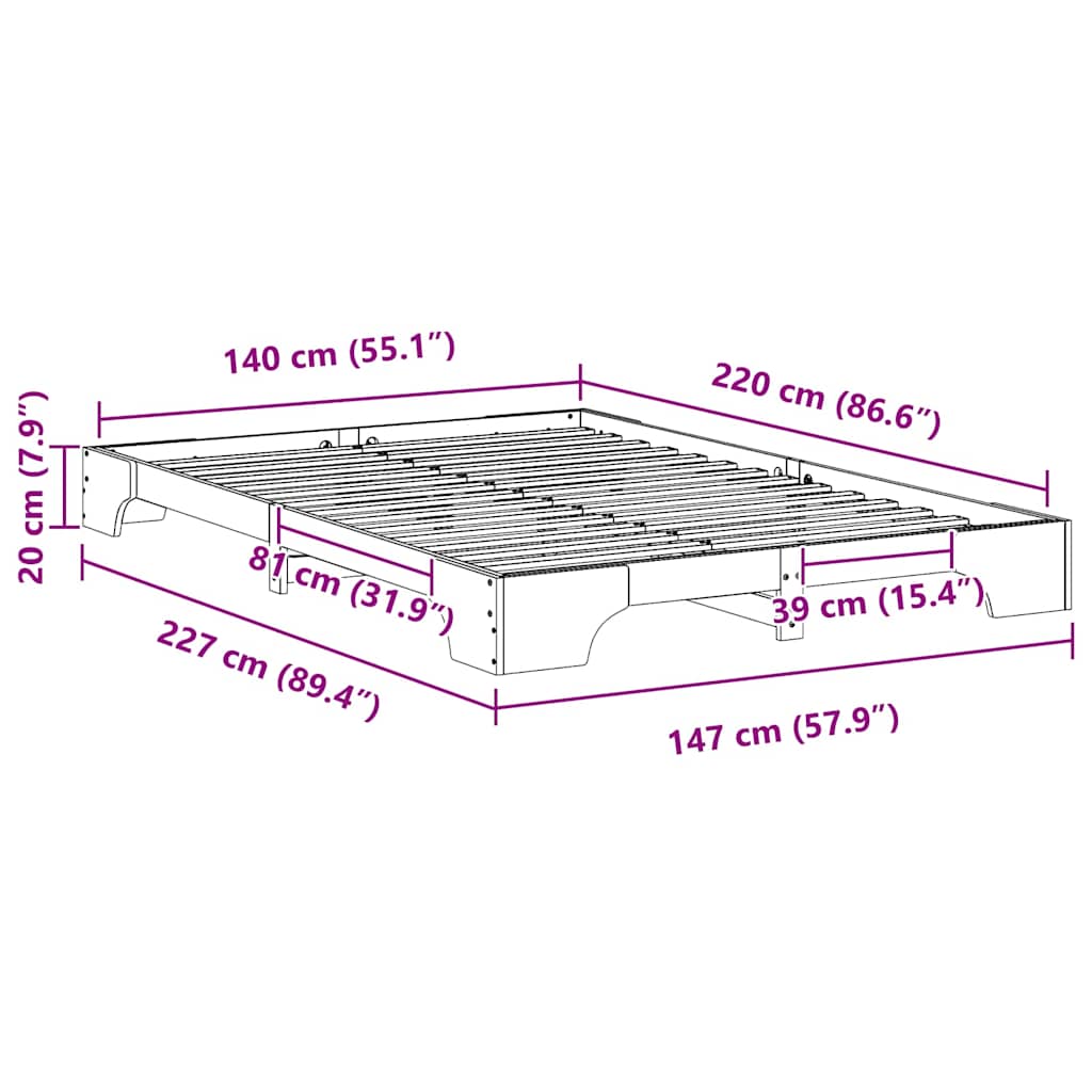 vidaXL Ramka łóżka Brązowy 140 x 220 cm Lite drewno sosnowe