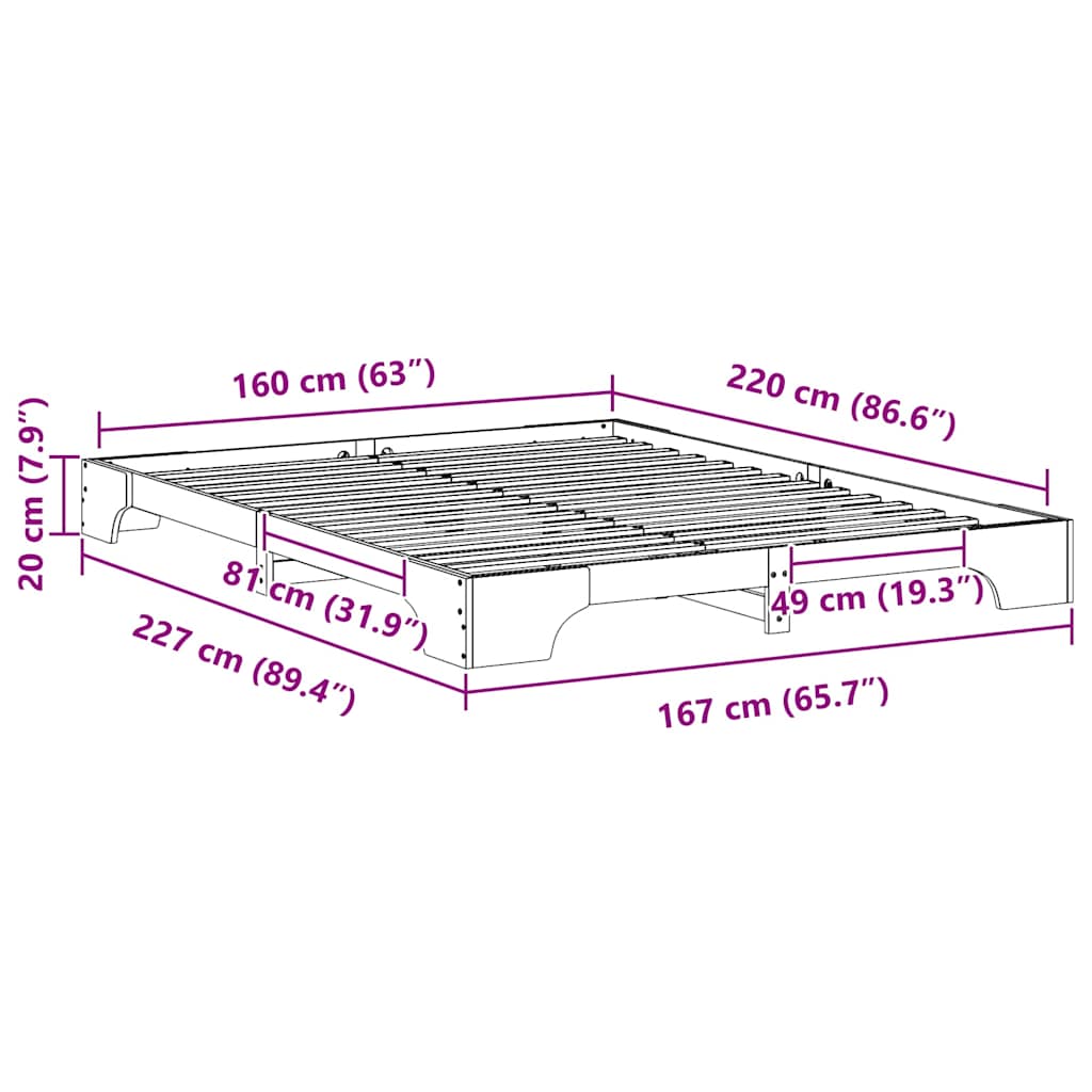 vidaXL Ramka łóżka Brązowy 160 x 220 cm Lite drewno sosnowe