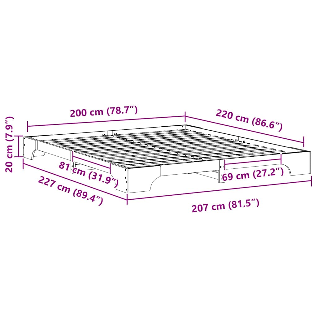vidaXL Ramka łóżka Brązowy 200 x 220 cm Lite drewno sosnowe
