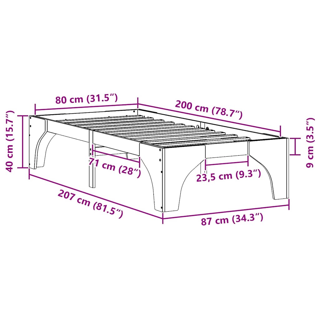 vidaXL Ramka łóżka Brązowy 80 x 200 cm Lite drewno sosnowe