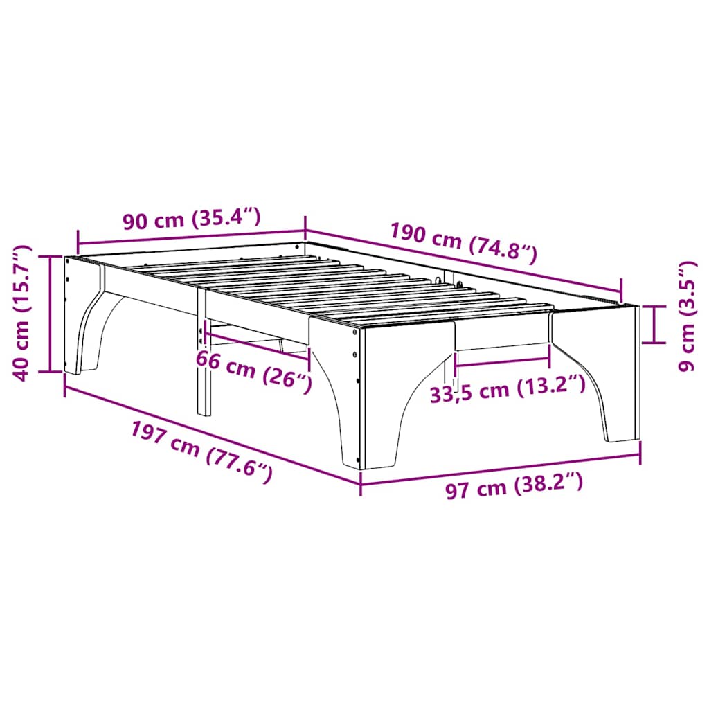vidaXL Ramka łóżka Brązowy 90 x 190 cm Lite drewno sosnowe