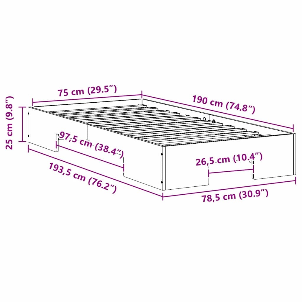 vidaXL Ramka łóżka Brązowy 75 x 190 cm