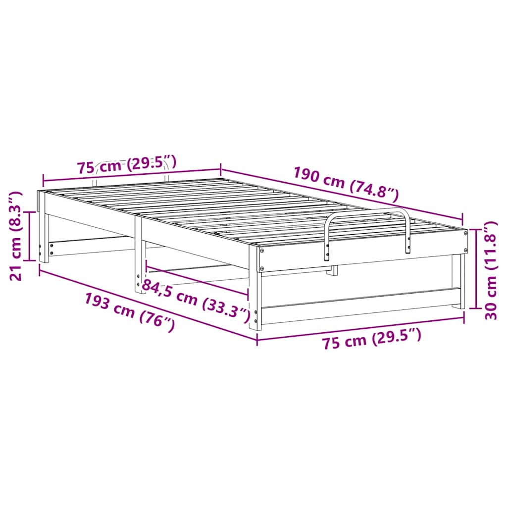 vidaXL Ramka łóżka Brązowy 75 x 190 cm Lite drewno sosnowe