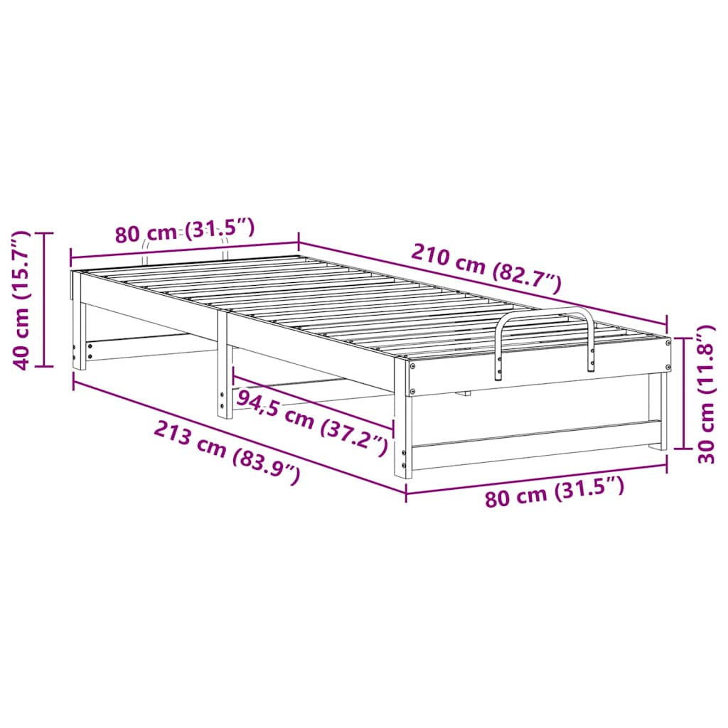 vidaXL Ramka łóżka Brązowy 80 x 210 cm Lite drewno sosnowe