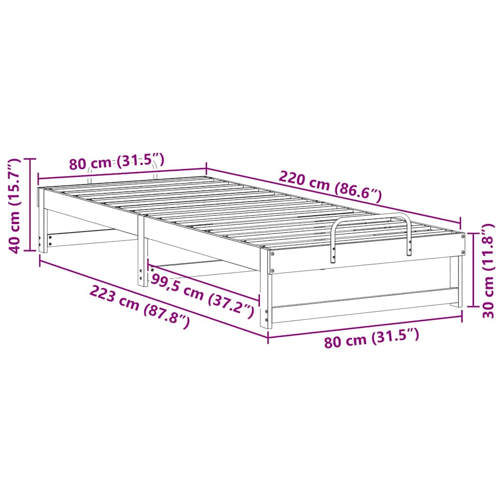 vidaXL Ramka łóżka Brązowy 80 x 220 cm Lite drewno sosnowe