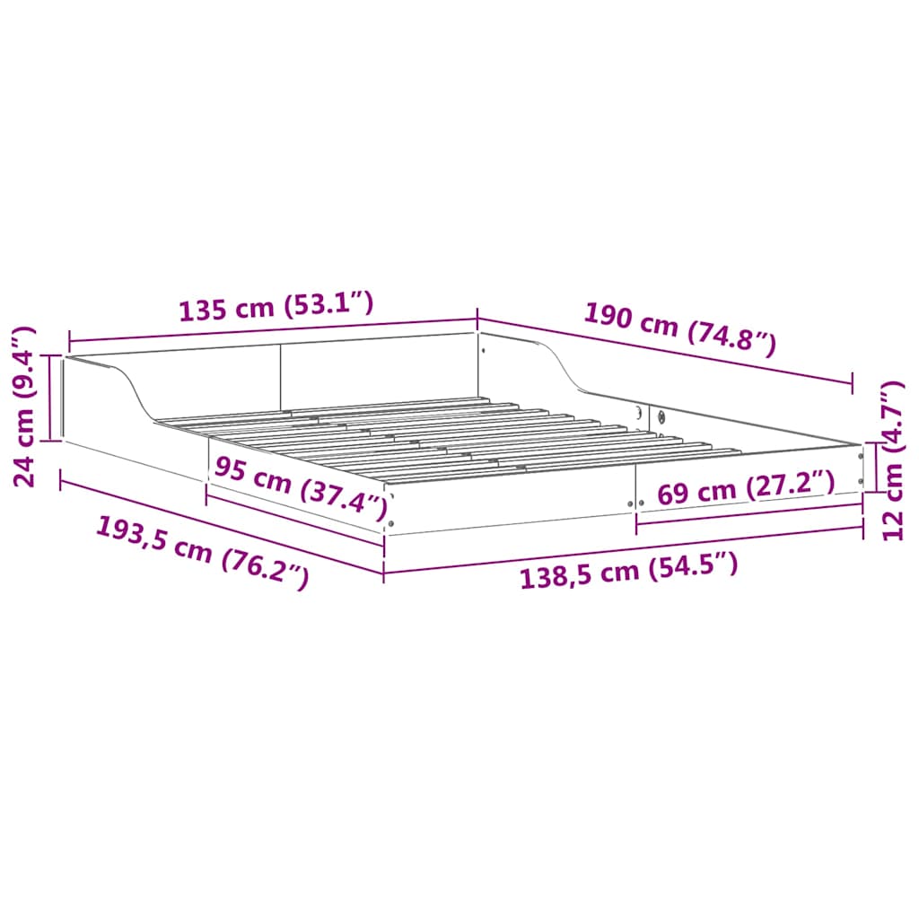 vidaXL Ramka łóżka Biały 135 x 190 cm Lite drewno sosnowe