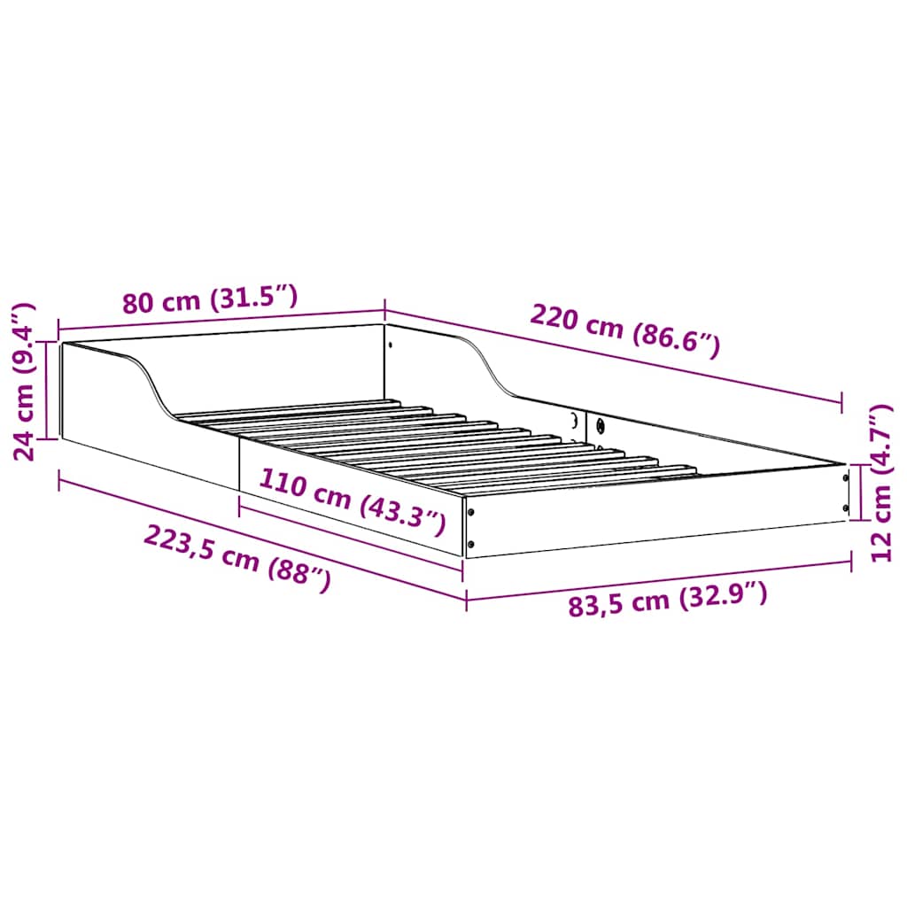 vidaXL Ramka łóżka Biały 80 x 220 cm Lite drewno sosnowe